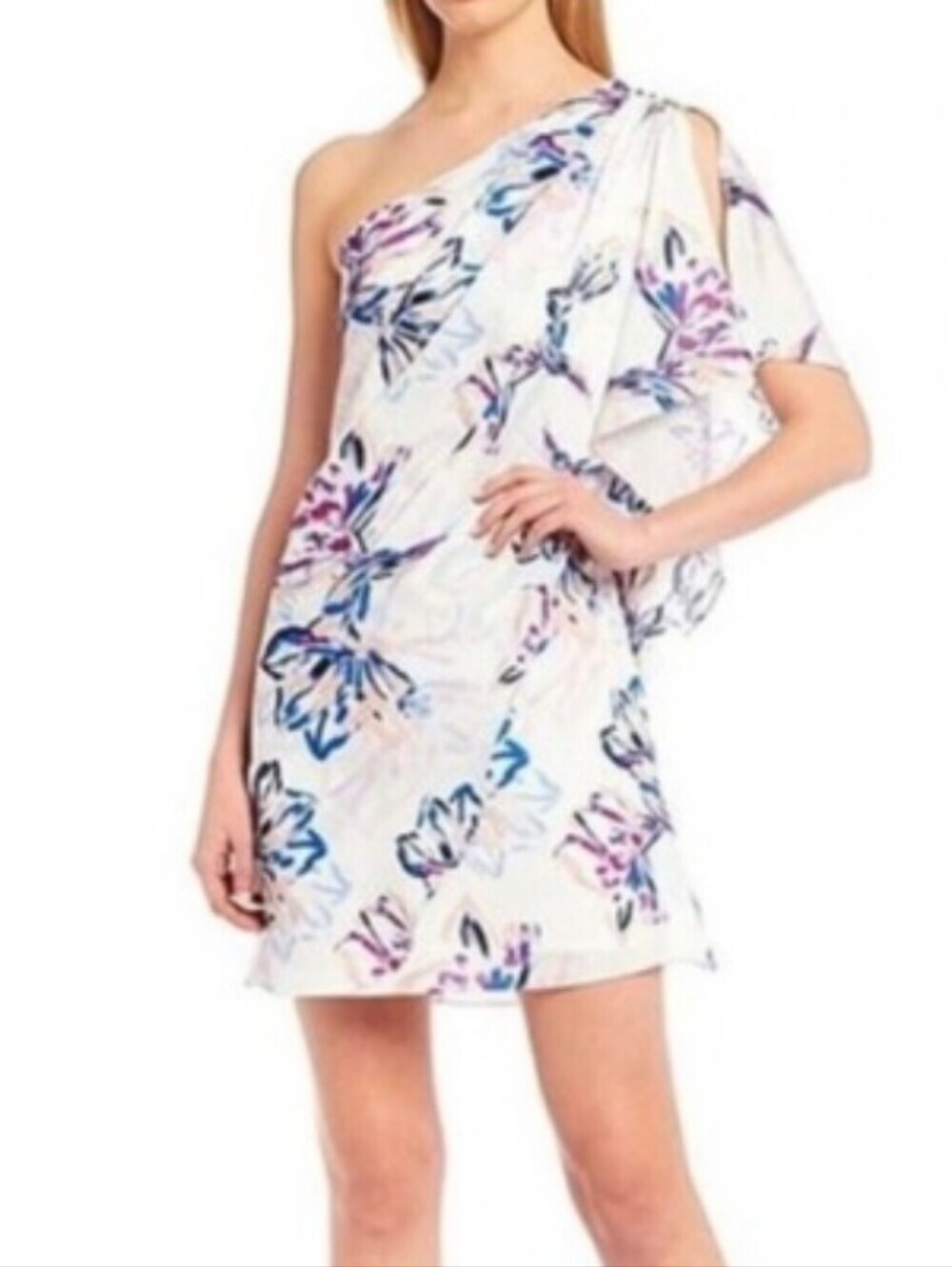 Badgley Mischka Paloma Brushstroke Floral One Shoulder Lined Dress Women's Sz 2